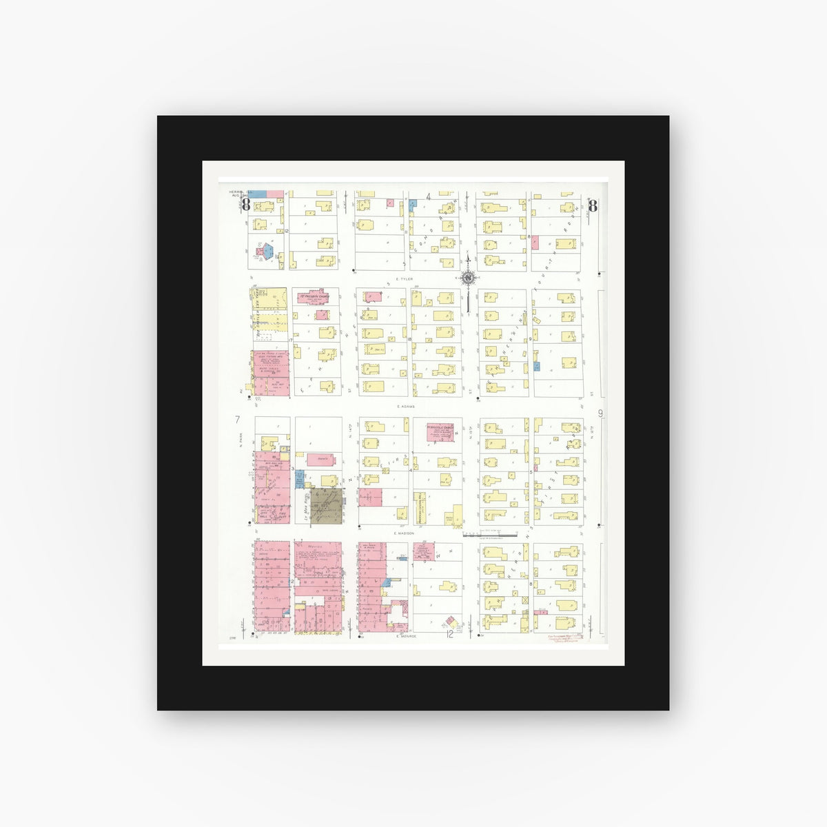 Old map wall art mockup — black gallery frame with white mat — Sanborn Fire Insurance Map from Herrin, Williamson County, Illinois (1941), Sheet #0008