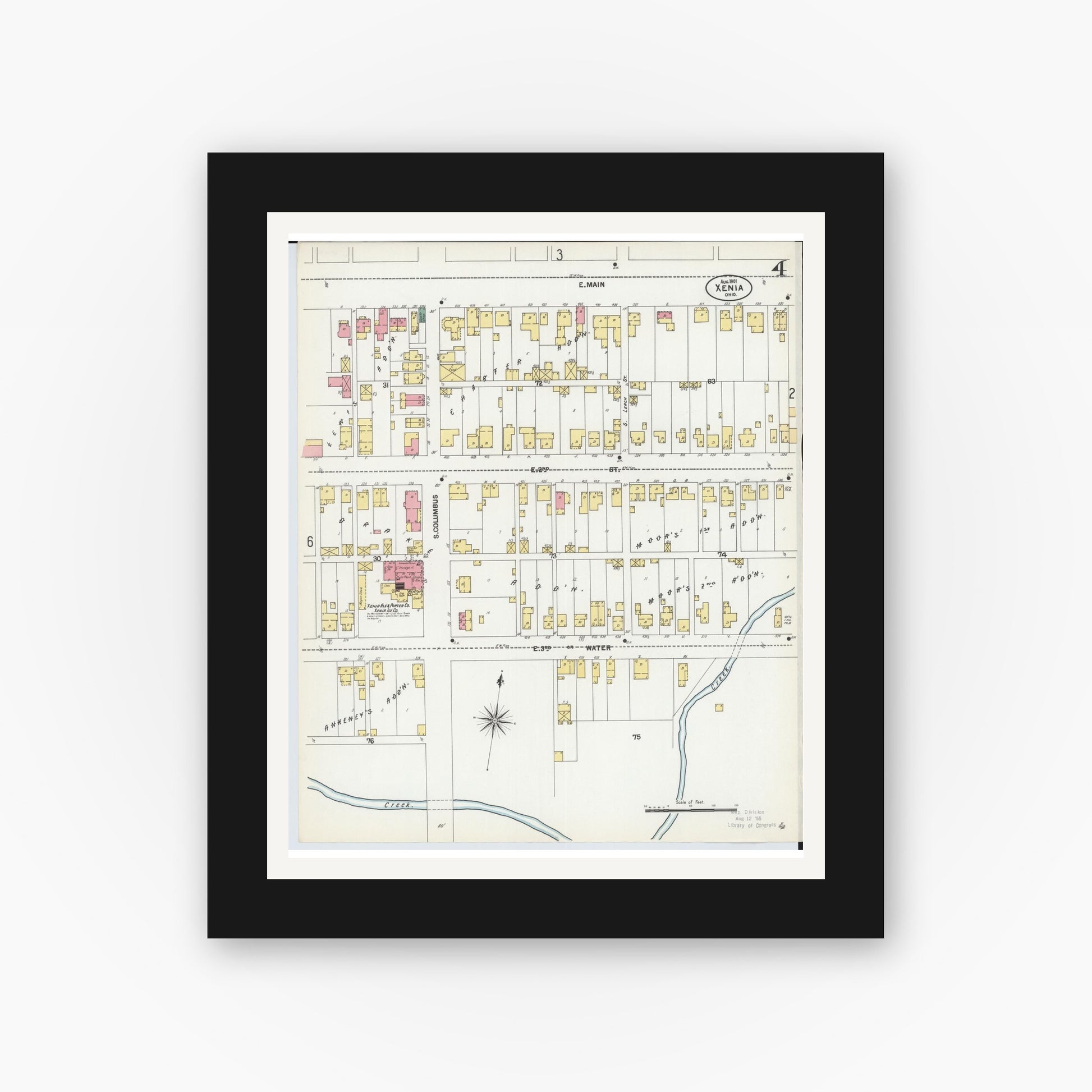 Old map wall art mockup — black gallery frame with white mat — Sanborn Fire Insurance Map from Xenia, Greene County, Ohio (1901), Sheet #0004