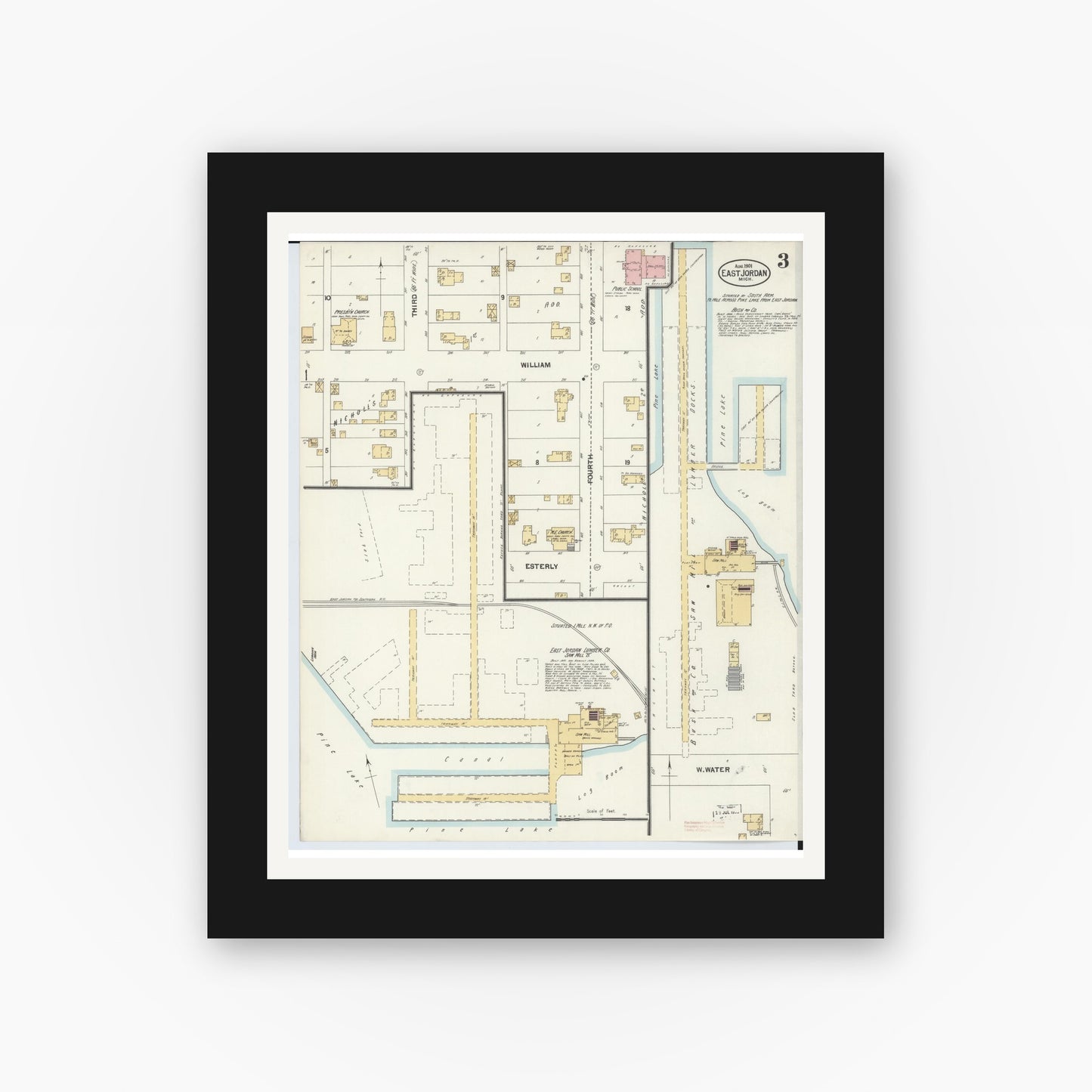 Old map wall art mockup — black gallery frame with white mat — Sanborn Fire Insurance Map from East Jordan, Charlevoix County, Michigan (1901), Sheet #0003