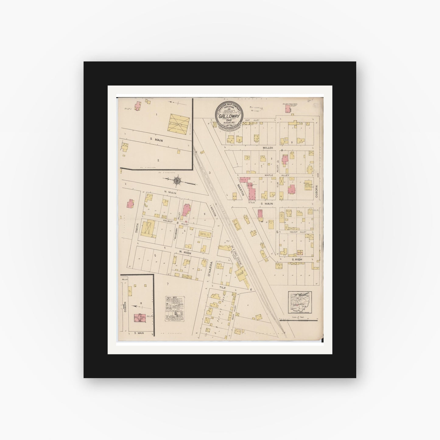 Old map wall art mockup — black gallery frame with white mat — Sanborn Fire Insurance Map from Galloway, Franklin County, Ohio (1922), Sheet #0001