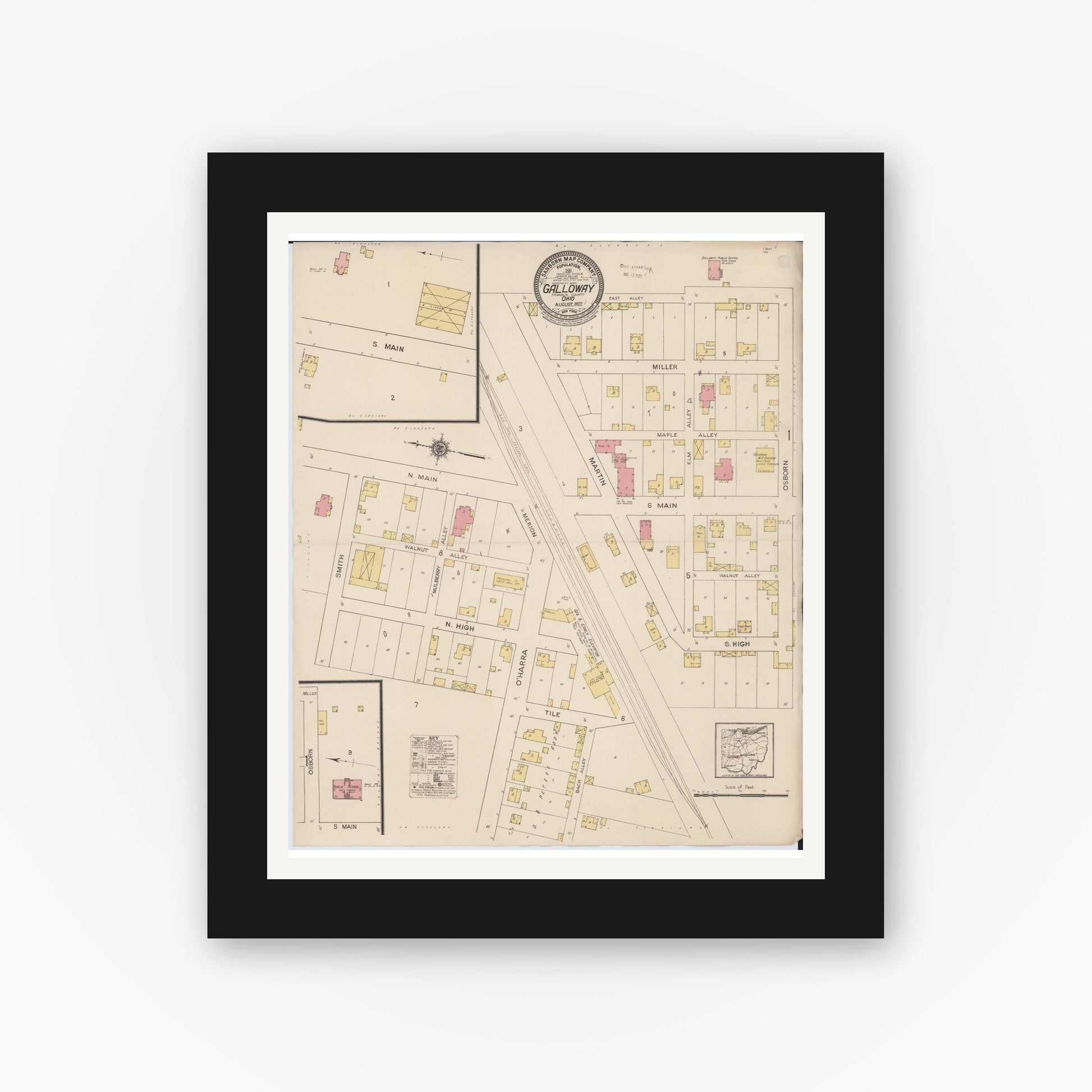Old map wall art mockup — black gallery frame with white mat — Sanborn Fire Insurance Map from Galloway, Franklin County, Ohio (1922), Sheet #0001