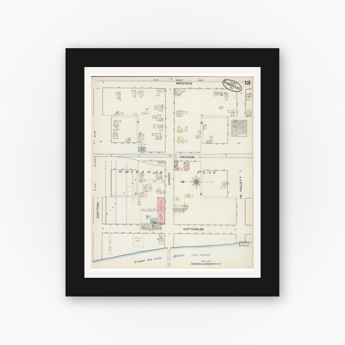 Old map wall art mockup — black gallery frame with white mat — Sanborn Fire Insurance Map from Fond du Lac, Fond du Lac County, Wisconsin (1884), Sheet #0013