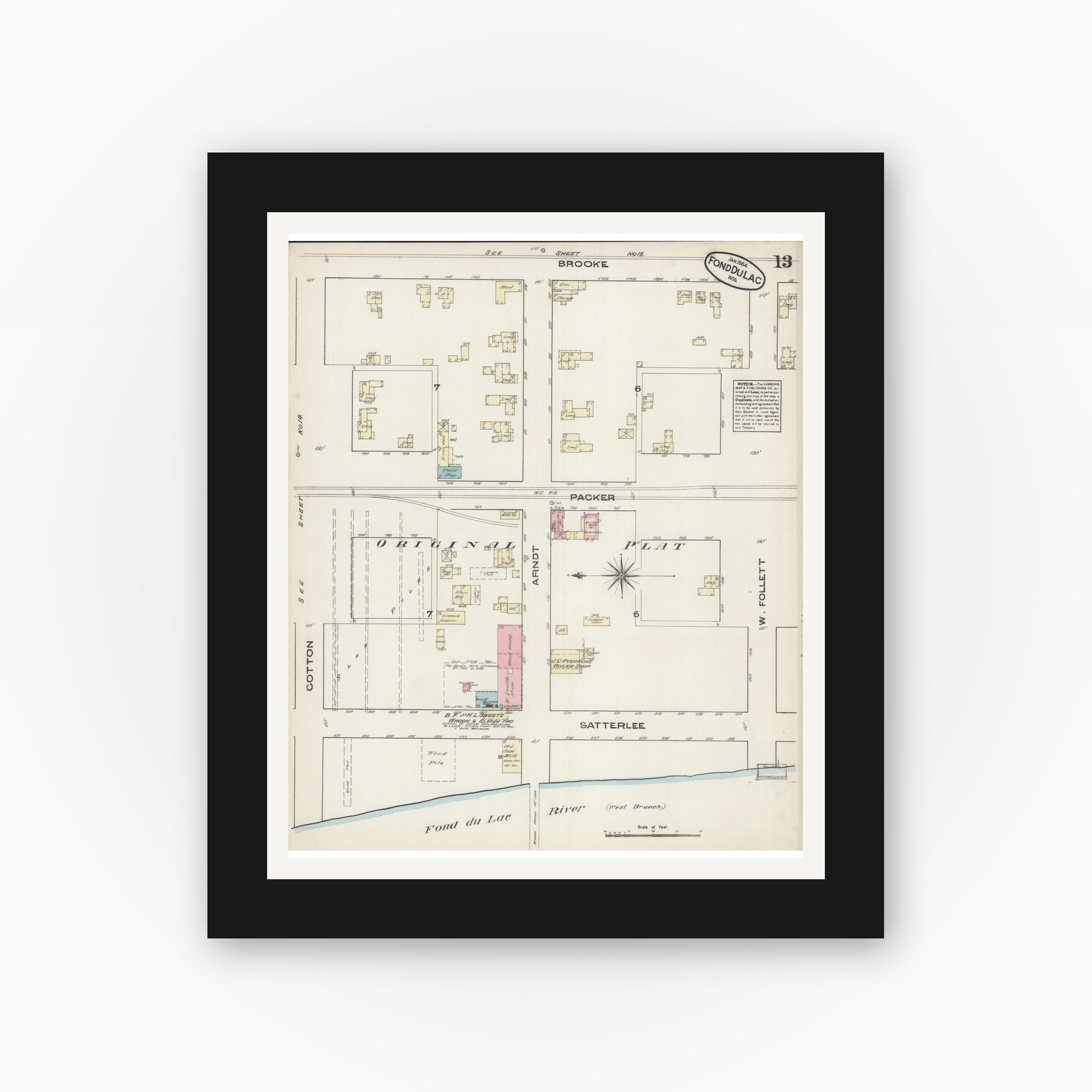 Old map wall art mockup — black gallery frame with white mat — Sanborn Fire Insurance Map from Fond du Lac, Fond du Lac County, Wisconsin (1884), Sheet #0013