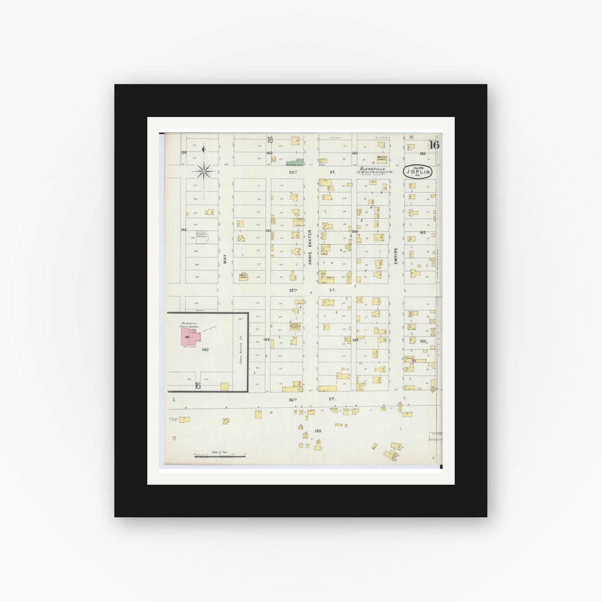 Old map wall art mockup — black gallery frame with white mat — Sanborn Fire Insurance Map from Joplin, Jasper County, Missouri (1896), Sheet #0016