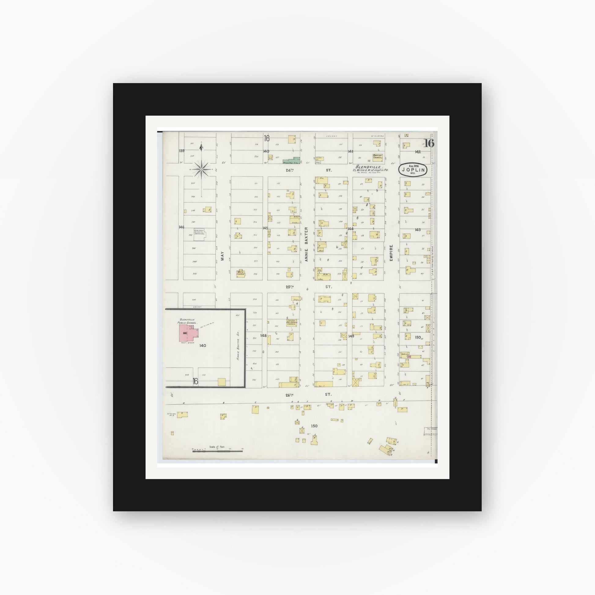 Old map wall art mockup — black gallery frame with white mat — Sanborn Fire Insurance Map from Joplin, Jasper County, Missouri (1896), Sheet #0016
