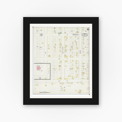 Old map wall art mockup — black gallery frame with white mat — Sanborn Fire Insurance Map from Joplin, Jasper County, Missouri (1896), Sheet #0016