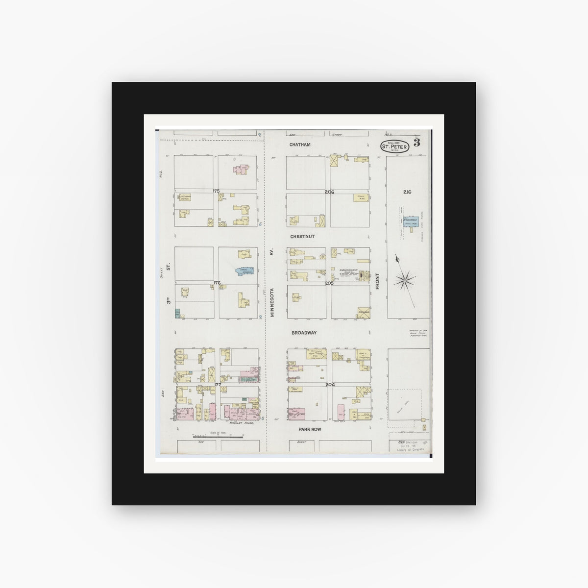 Old map wall art mockup — black gallery frame with white mat — Sanborn Fire Insurance Map from Saint Peter, Nicollet County, Minnesota (1889), Sheet #0003