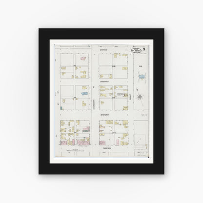 Old map wall art mockup — black gallery frame with white mat — Sanborn Fire Insurance Map from Saint Peter, Nicollet County, Minnesota (1889), Sheet #0003