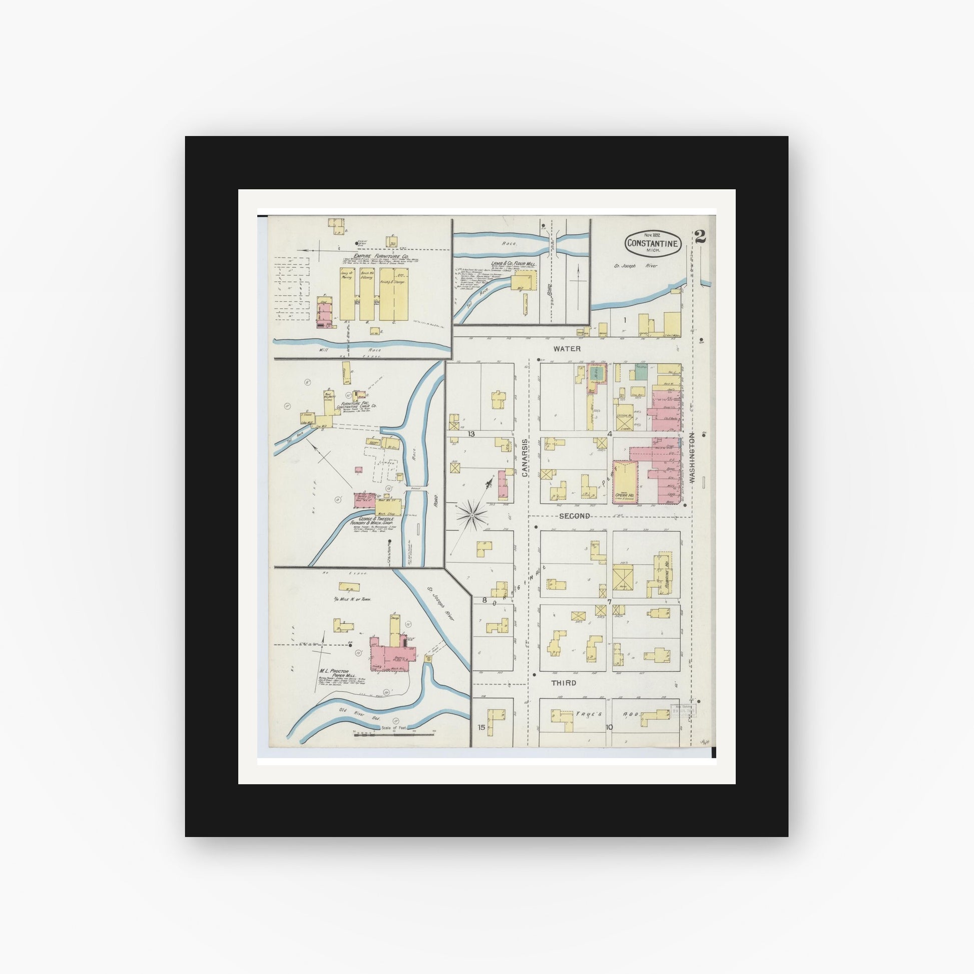 Old map wall art mockup — black gallery frame with white mat — Sanborn Fire Insurance Map from Constantine, Saint Joseph County, Michigan (1892), Sheet #0002