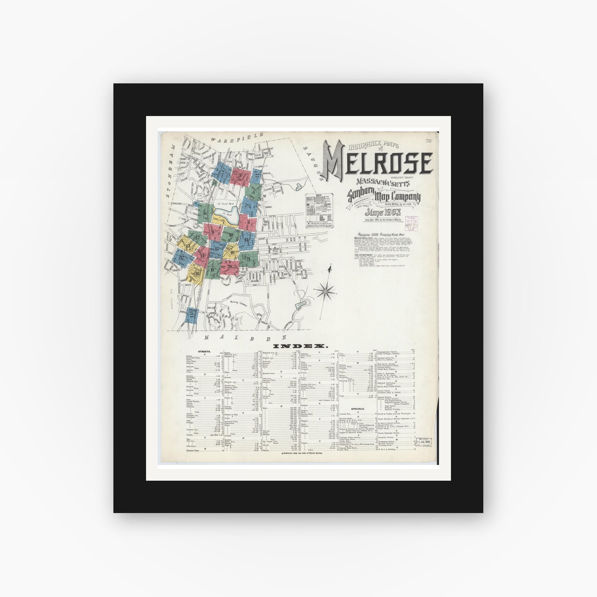 Old map wall art mockup — black gallery frame with white mat — Sanborn Fire Insurance Map from Melrose, Middlesex County, Massachusetts (1903) - Complete Map Set