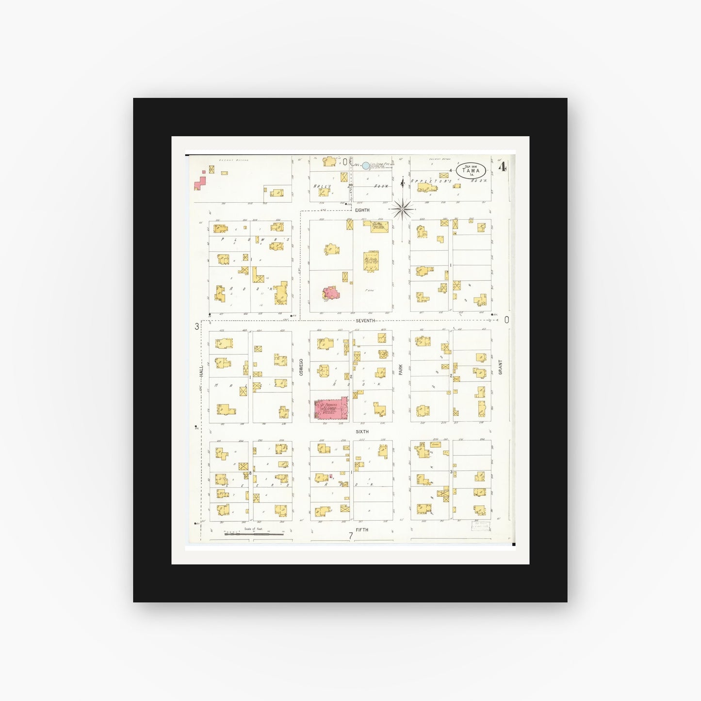 Old map wall art mockup — black gallery frame with white mat — Sanborn Fire Insurance Map from Tama, Tama County, Iowa (1906), Sheet #0004