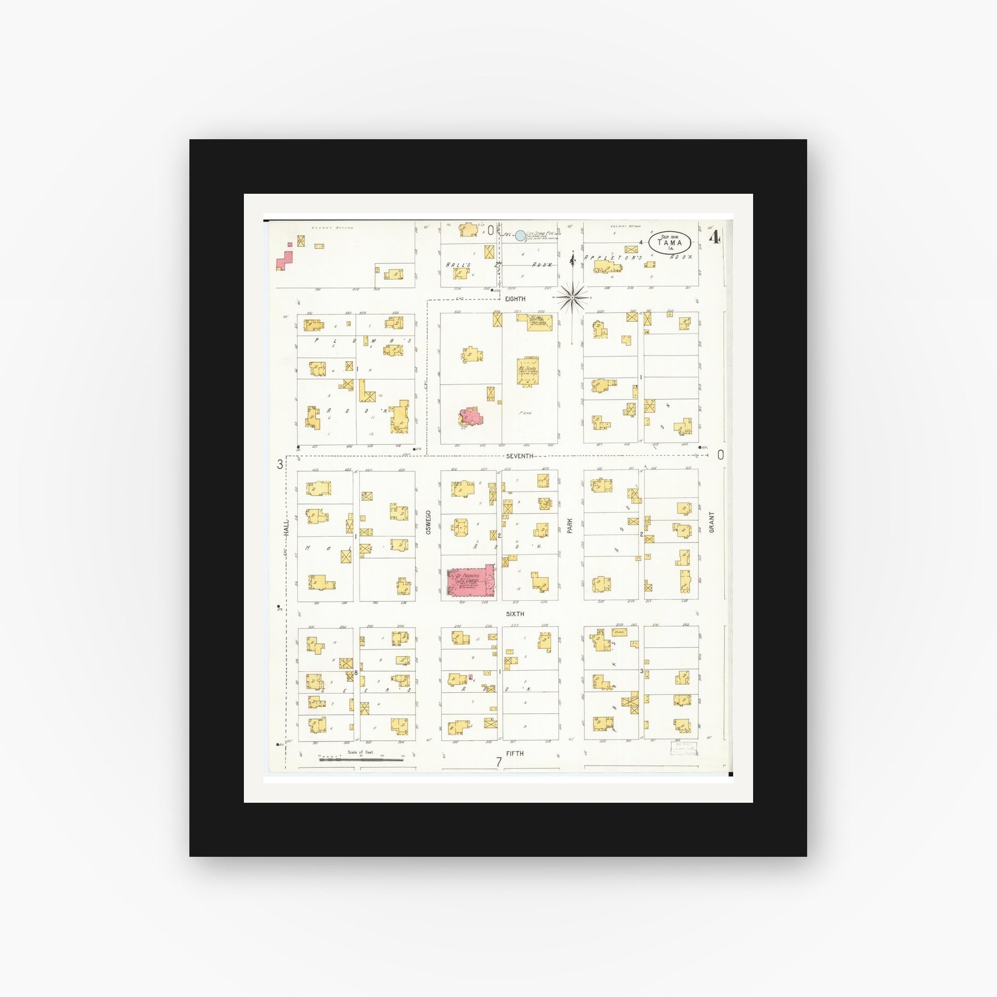 Old map wall art mockup — black gallery frame with white mat — Sanborn Fire Insurance Map from Tama, Tama County, Iowa (1906), Sheet #0004