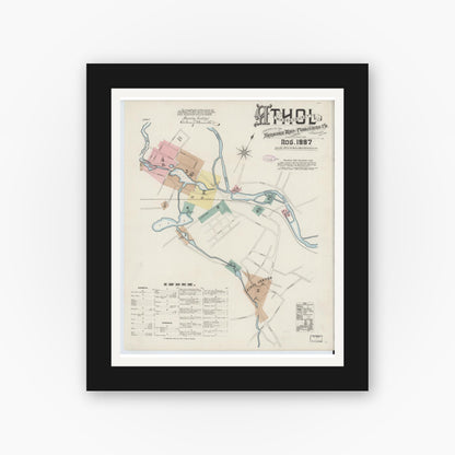 Old map wall art mockup — black gallery frame with white mat — Sanborn Fire Insurance Map from Athol, Worcester County, Massachusetts (1887), Sheet #0001