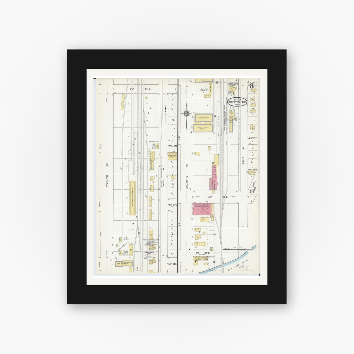 Old map wall art mockup — black gallery frame with white mat — Sanborn Fire Insurance Map from Thief River Falls, Pennington County, Minnesota (1916), Sheet #0008