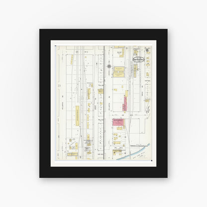 Old map wall art mockup — black gallery frame with white mat — Sanborn Fire Insurance Map from Thief River Falls, Pennington County, Minnesota (1916), Sheet #0008