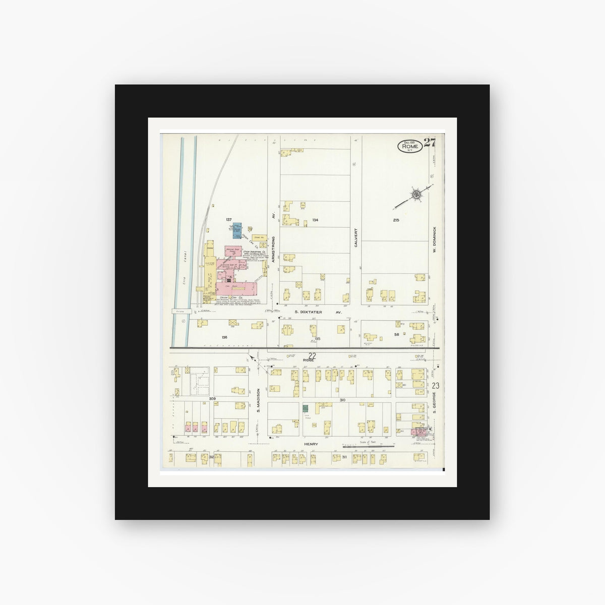 Old map wall art mockup — black gallery frame with white mat — Sanborn Fire Insurance Map from Rome, Oneida County, New York (1909), Sheet #0027