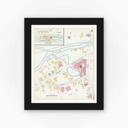 Old map wall art mockup — black gallery frame with white mat — Sanborn Fire Insurance Map from Adams, Berkshire County, Massachusetts (1901), Sheet #0009
