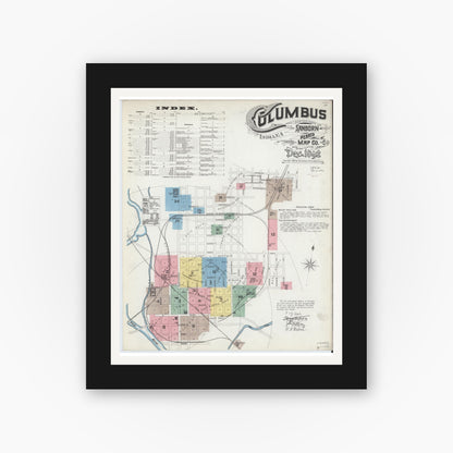 Old map wall art mockup — black gallery frame with white mat — Sanborn Fire Insurance Map from Columbus, Bartholomew County, Indiana (1892) - Complete Map Set