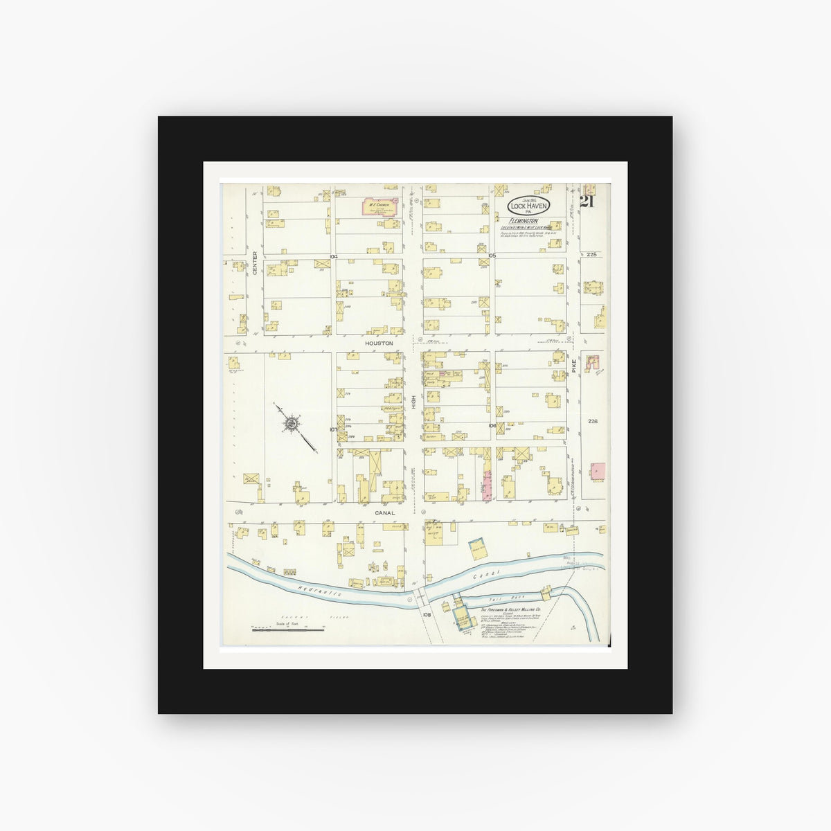 Old map wall art mockup — black gallery frame with white mat — Sanborn Fire Insurance Map from Lock Haven, Clinton County, Pennsylvania (1914), Sheet #0021