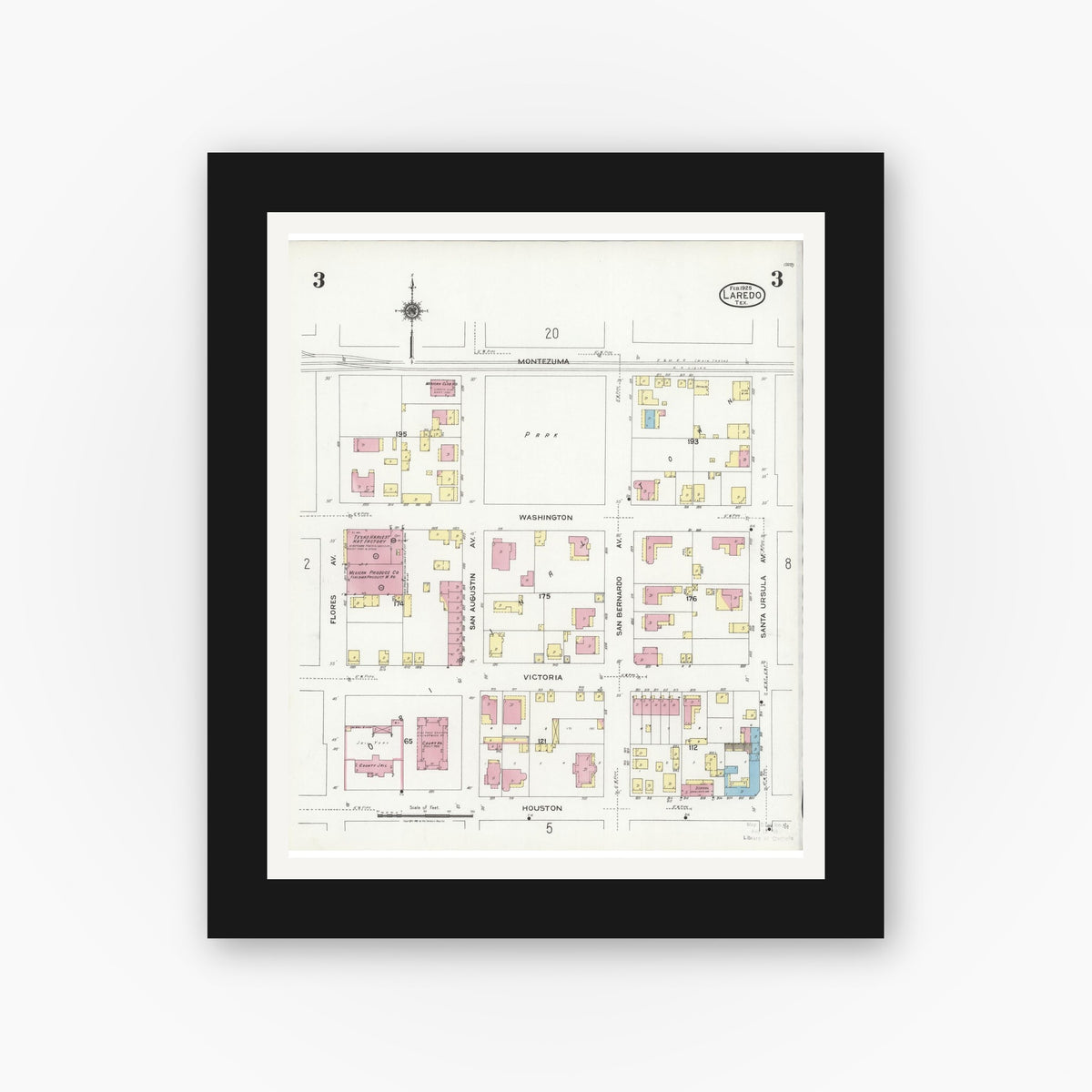 Old map wall art mockup — black gallery frame with white mat — Sanborn Fire Insurance Map from Laredo, Webb County, Texas (1925), Sheet #0003