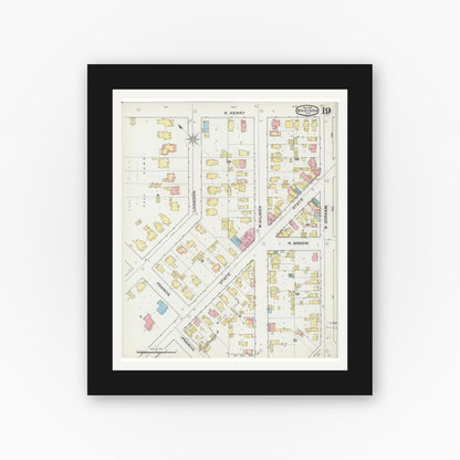 Old map wall art mockup — black gallery frame with white mat — Sanborn Fire Insurance Map from Madison, Dane County, Wisconsin (1892), Sheet #0019