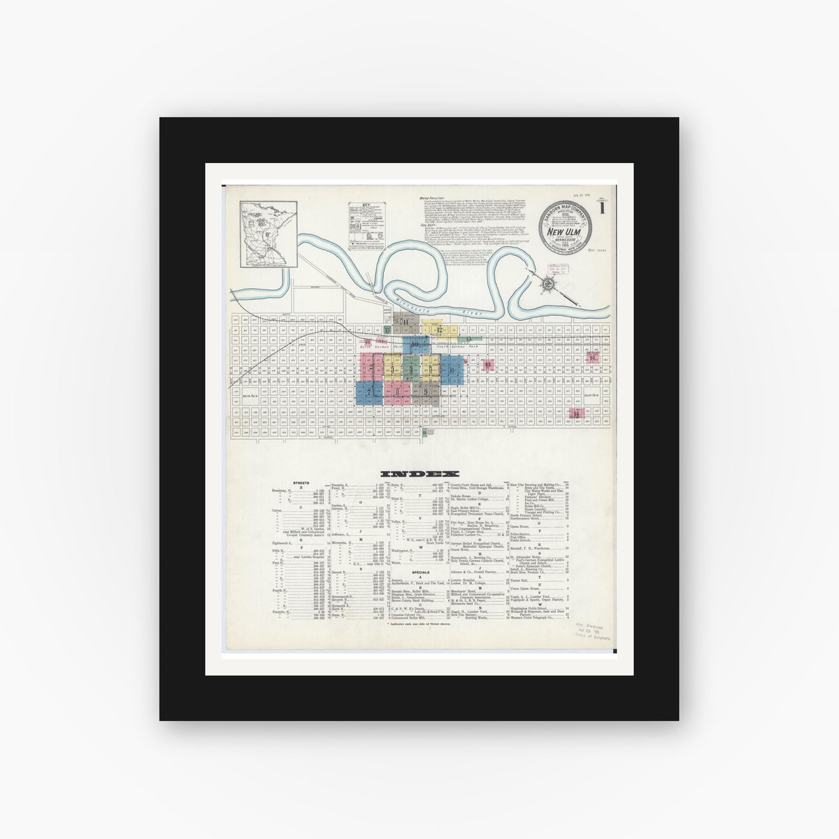 Old map wall art mockup — black gallery frame with white mat — Sanborn Fire Insurance Map from New Ulm, Brown County, Minnesota (1913) - Complete Map Set