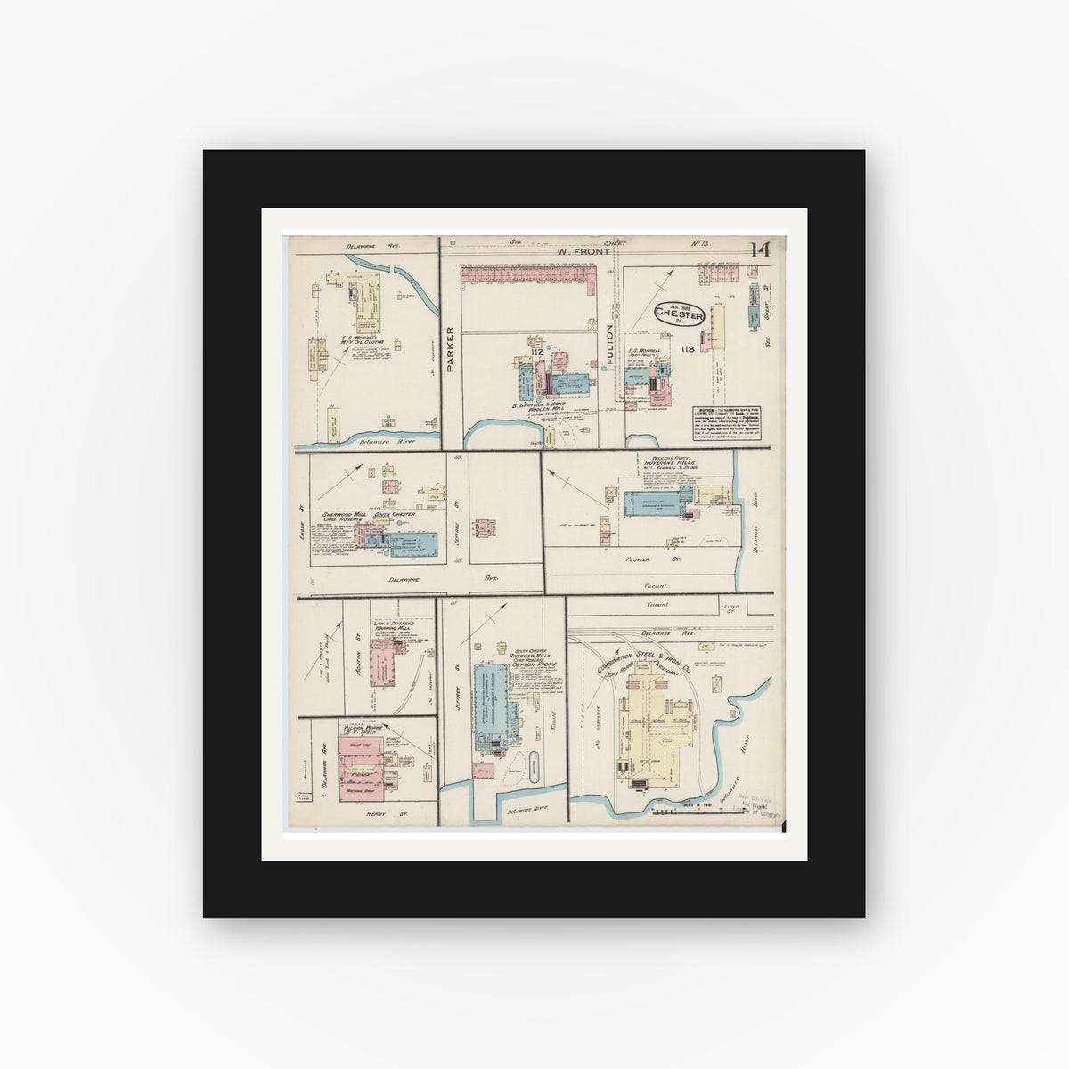 Old map wall art mockup — black gallery frame with white mat — Sanborn Fire Insurance Map from Chester, Delaware County, Pennsylvania (1885), Sheet #0014