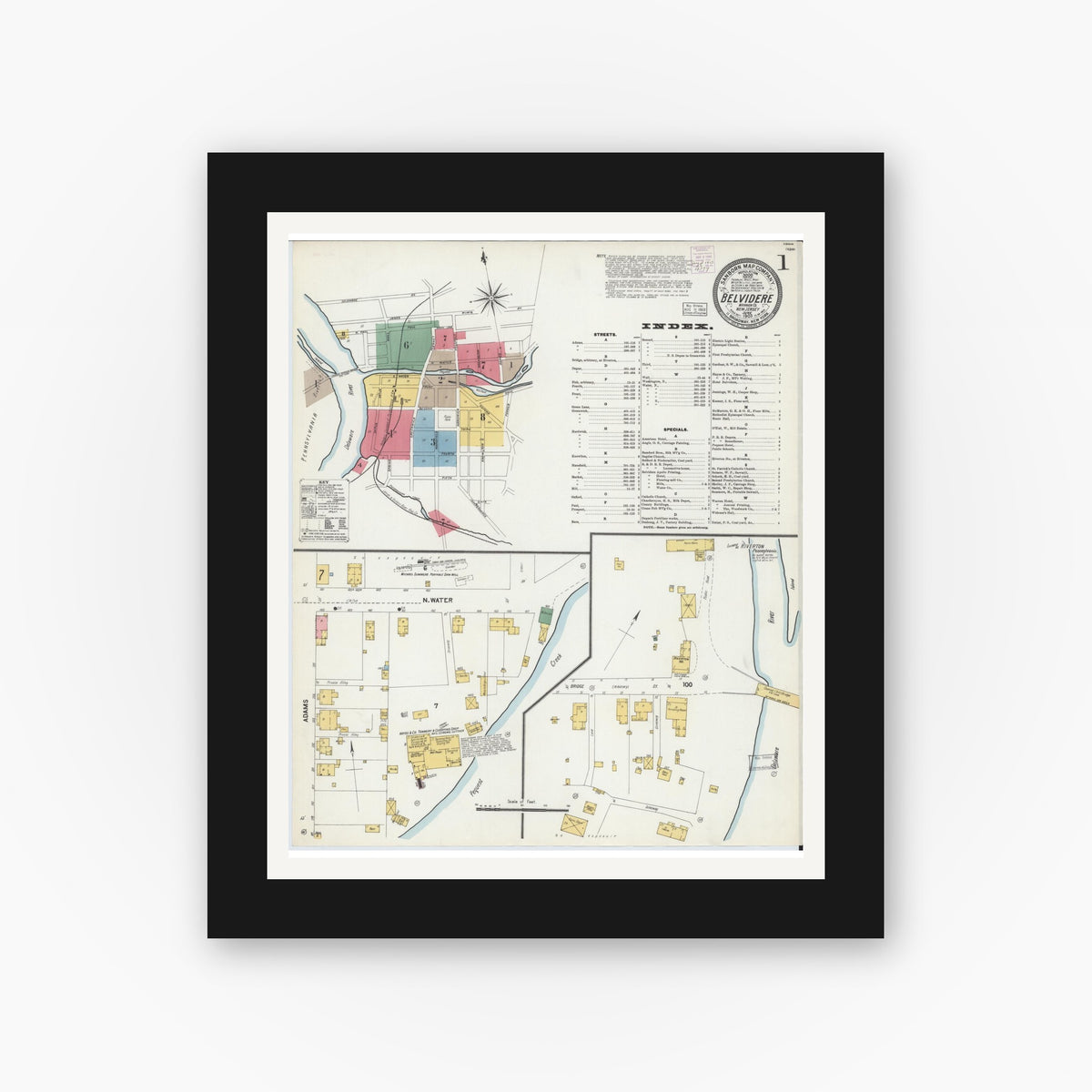 Old map wall art mockup — black gallery frame with white mat — Sanborn Fire Insurance Map from Belvidere, Warren County, New Jersey (1903), Sheet #0001