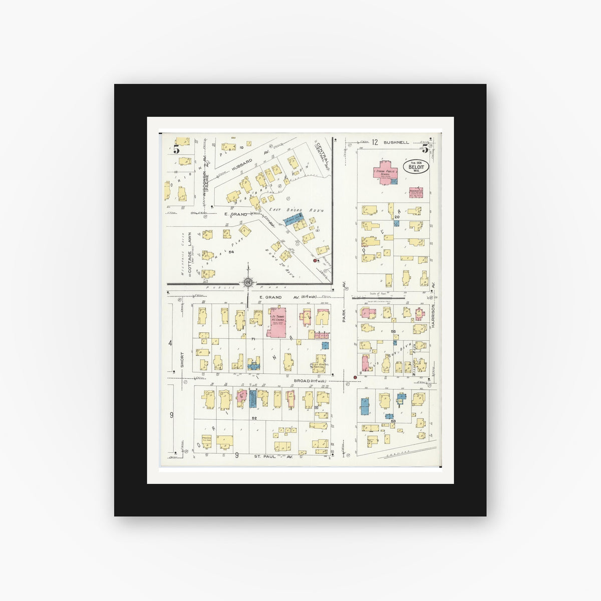 Old map wall art mockup — black gallery frame with white mat — Sanborn Fire Insurance Map from Beloit, Rock County, Wisconsin (1926), Sheet #0005