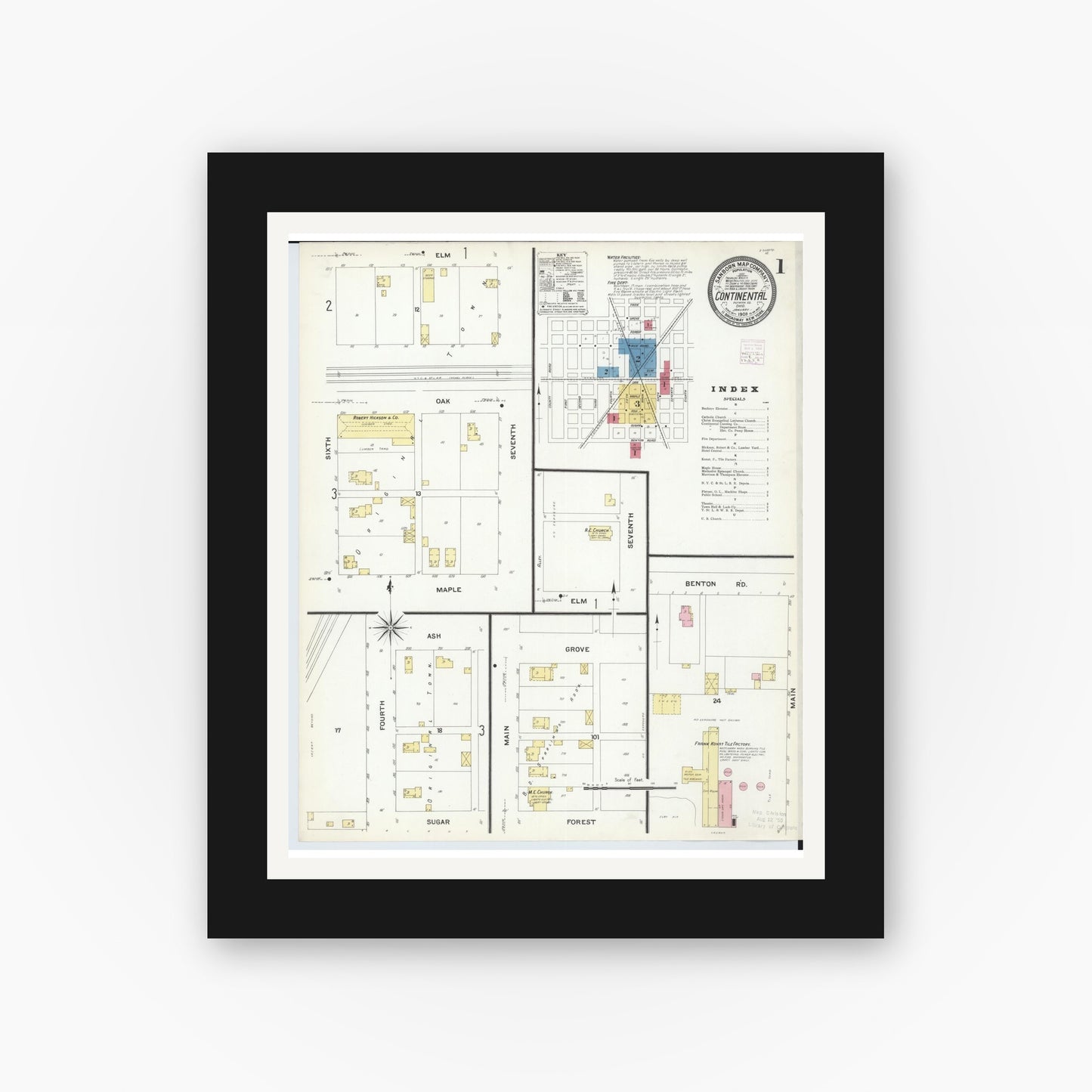 Old map wall art mockup — black gallery frame with white mat — Sanborn Fire Insurance Map from Continental, Putnam County, Ohio (1908), Sheet #0001