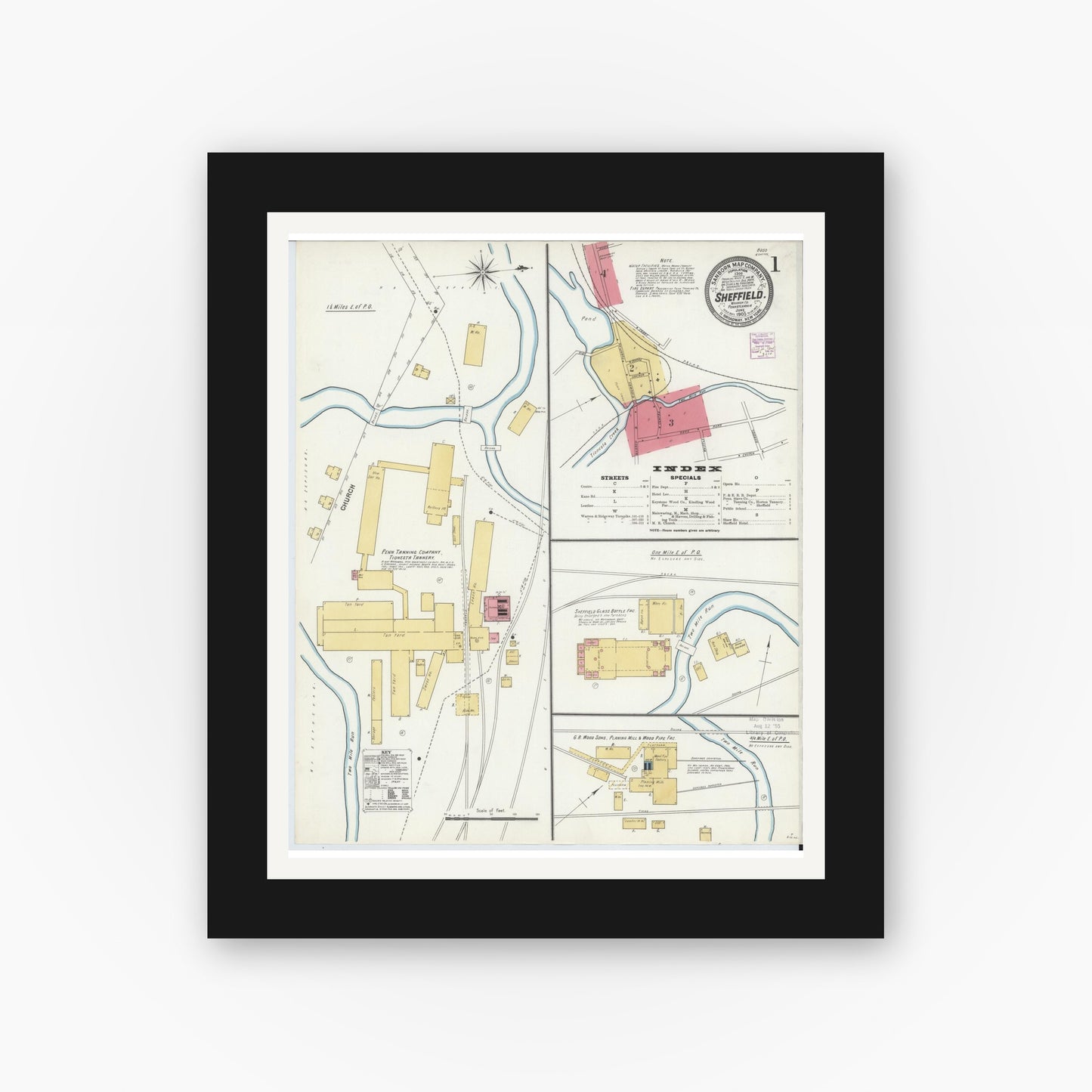 Old map wall art mockup — black gallery frame with white mat — Sanborn Fire Insurance Map from Sheffield, Warren County, Pennsylvania (1905) - Complete Map Set