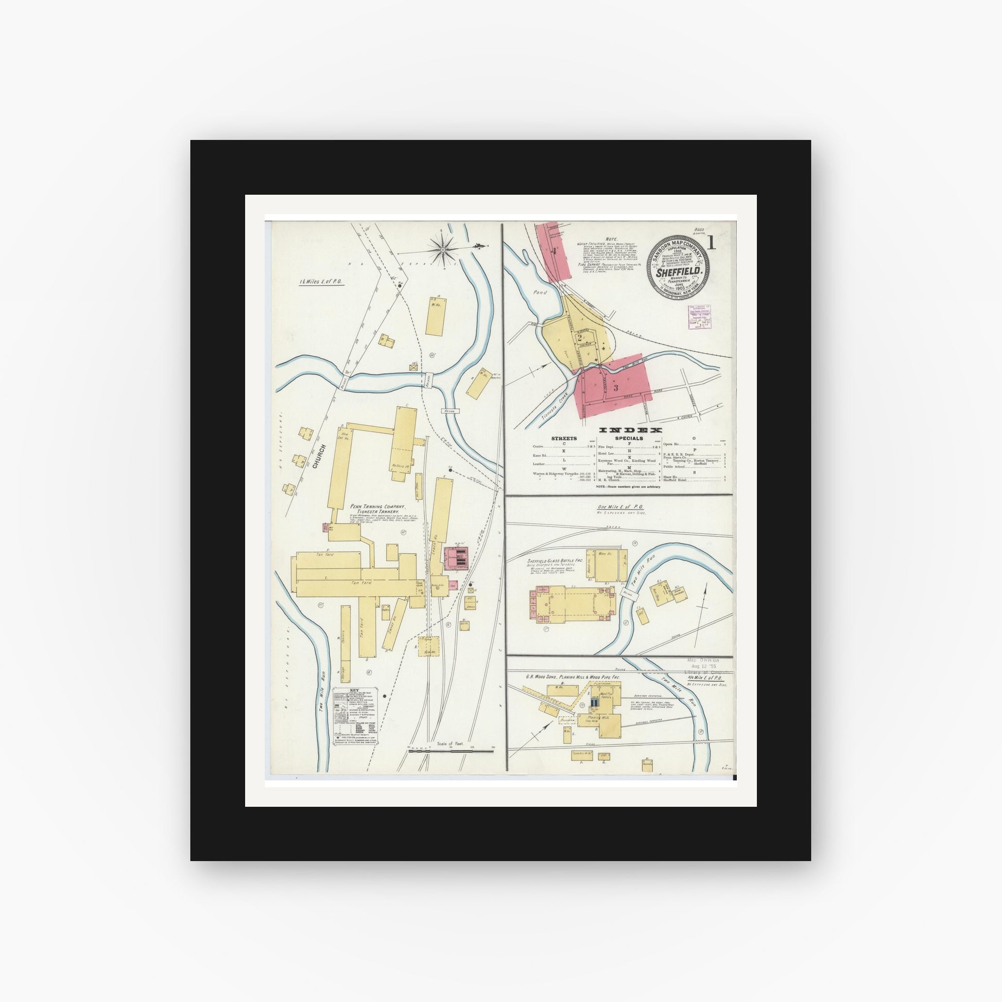 Old map wall art mockup — black gallery frame with white mat — Sanborn Fire Insurance Map from Sheffield, Warren County, Pennsylvania (1905) - Complete Map Set