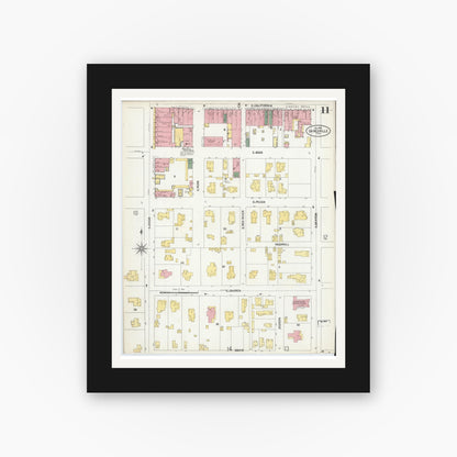Old map wall art mockup — black gallery frame with white mat — Sanborn Fire Insurance Map from Gainesville, Cooke County, Texas (1902), Sheet #0011