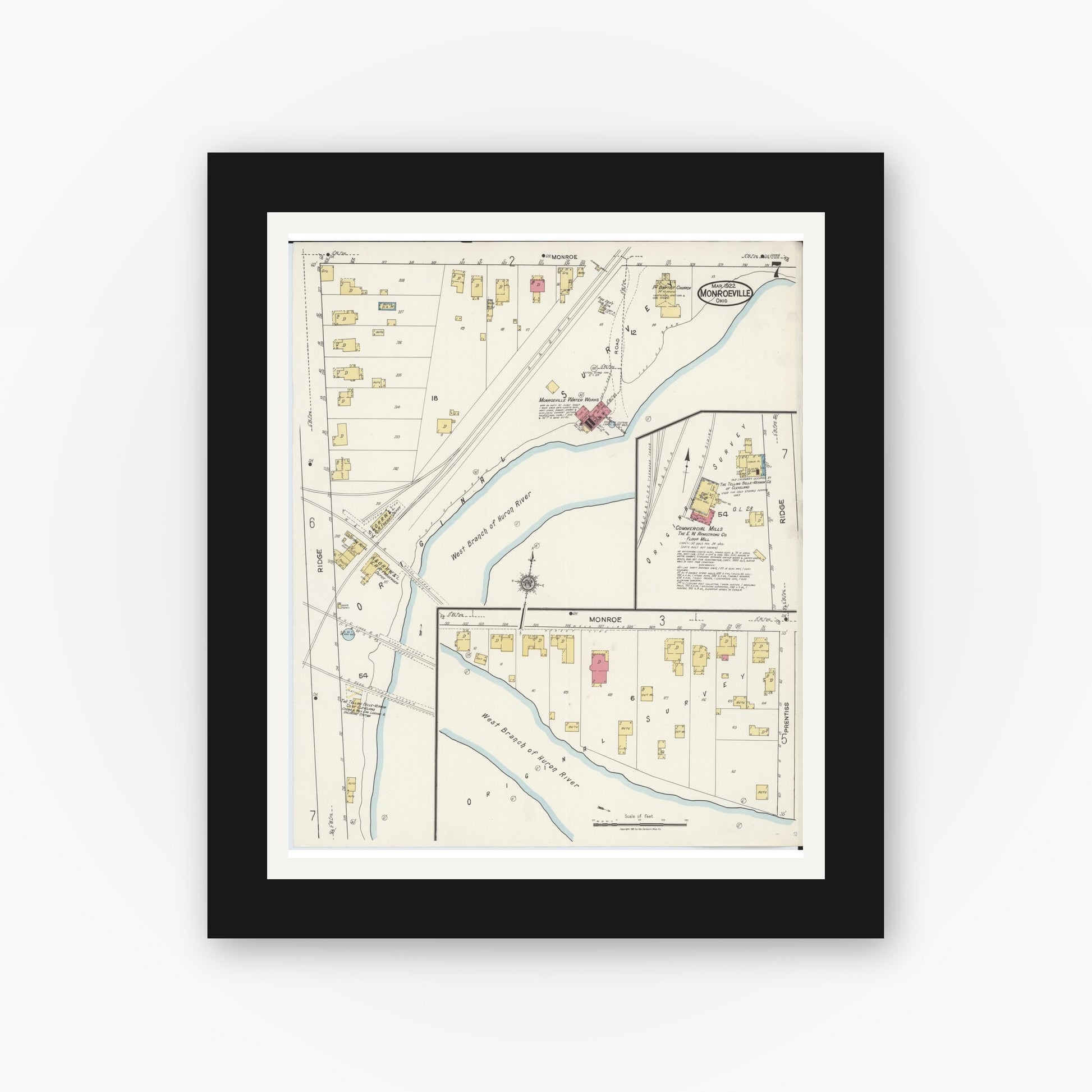 Old map wall art mockup — black gallery frame with white mat — Sanborn Fire Insurance Map from Monroeville, Huron County, Ohio (1922), Sheet #0007