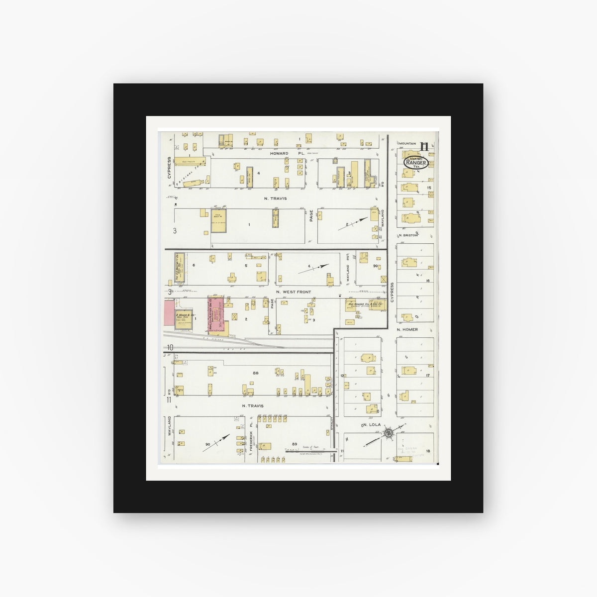 Old map wall art mockup — black gallery frame with white mat — Sanborn Fire Insurance Map from Ranger, Eastland County, Texas (1920), Sheet #0011