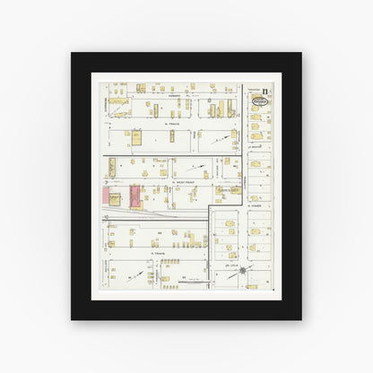 Old map wall art mockup — black gallery frame with white mat — Sanborn Fire Insurance Map from Ranger, Eastland County, Texas (1920), Sheet #0011