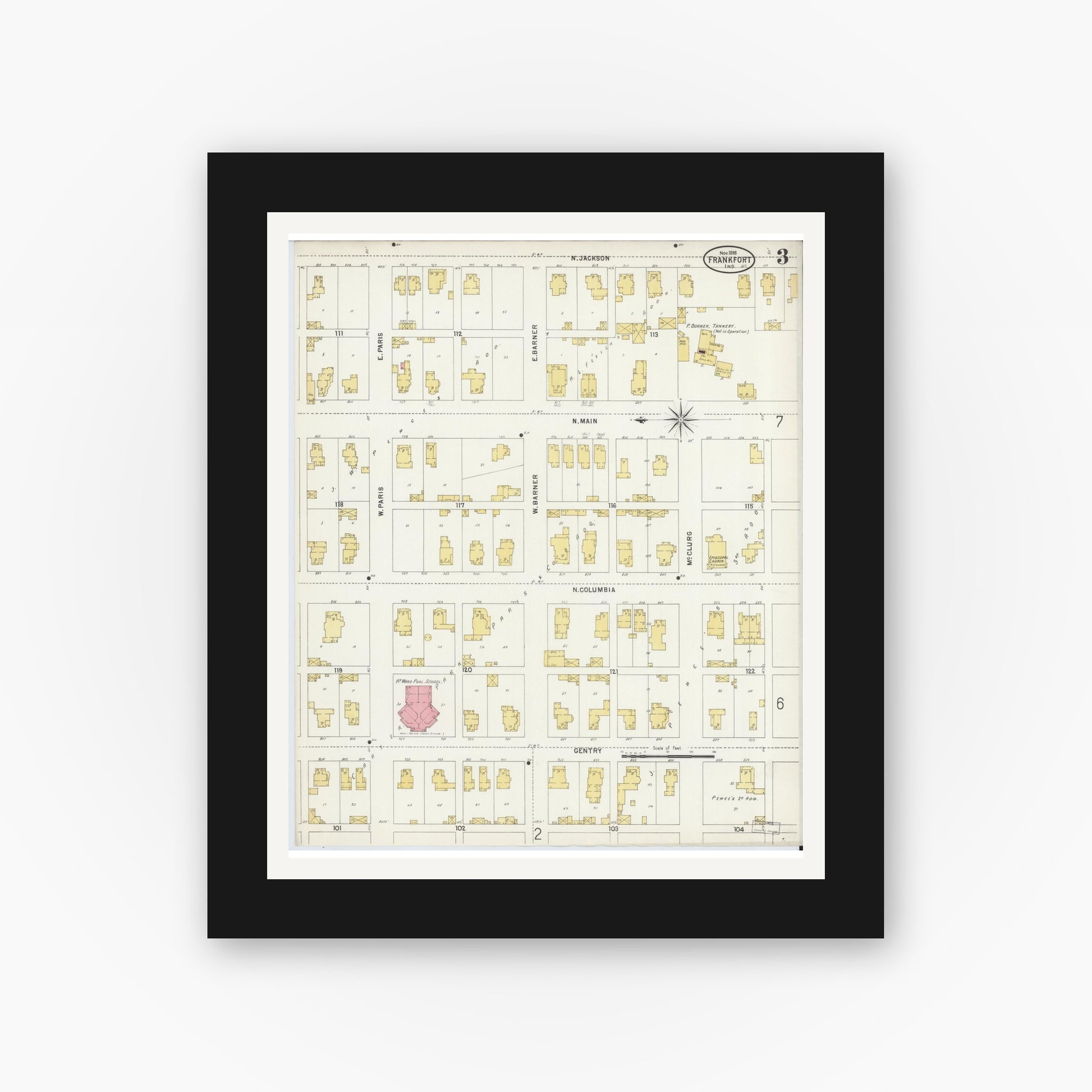 Old map wall art mockup — black gallery frame with white mat — Sanborn Fire Insurance Map from Frankfort, Clinton County, Indiana (1898), Sheet #0003