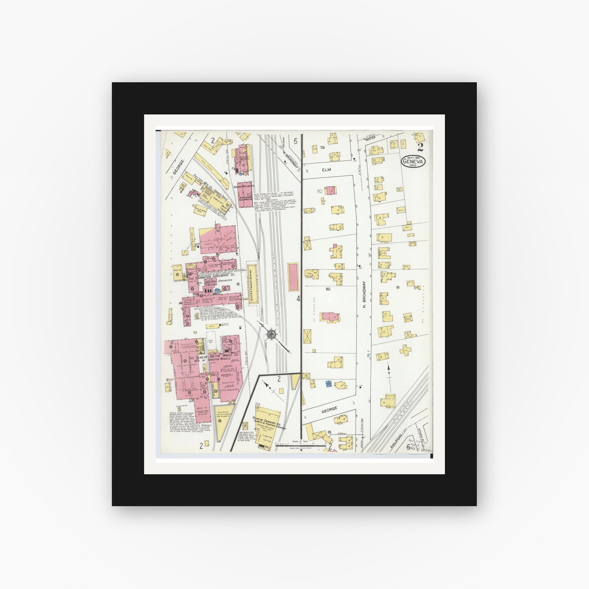 Old map wall art mockup — black gallery frame with white mat — Sanborn Fire Insurance Map from Geneva, Ashtabula County, Ohio (1919), Sheet #0002