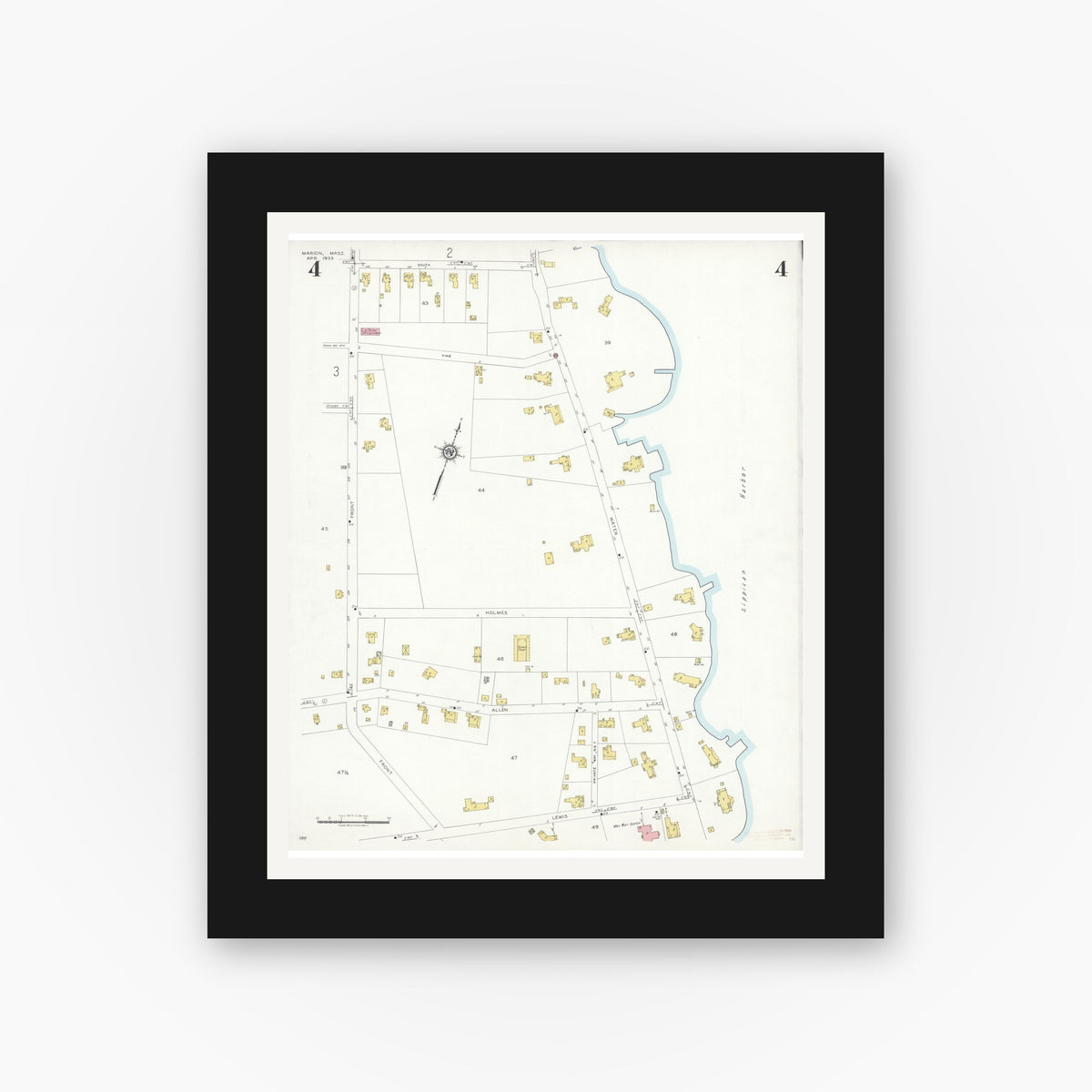 Old map wall art mockup — black gallery frame with white mat — Sanborn Fire Insurance Map from Marion, Plymouth County, Massachusetts (1933), Sheet #0004