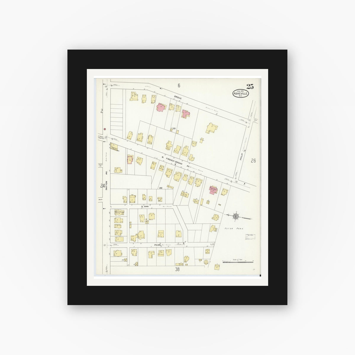 Old map wall art mockup — black gallery frame with white mat — Sanborn Fire Insurance Map from Asheville, Buncombe County, North Carolina (1913), Sheet #0025