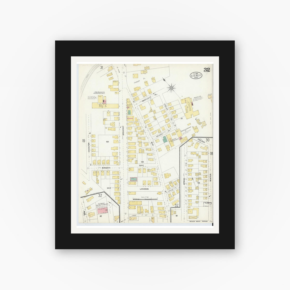 Old map wall art mockup — black gallery frame with white mat — Sanborn Fire Insurance Map from Everett, Middlesex County, Massachusetts (1903), Sheet #0032