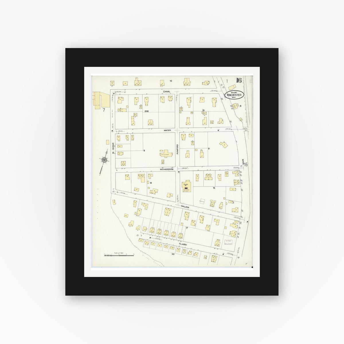 Old map wall art mockup — black gallery frame with white mat — Sanborn Fire Insurance Map from Winchester, Middlesex County, Massachusetts (1910), Sheet #0016