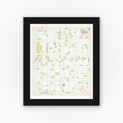 Old map wall art mockup — black gallery frame with white mat — Sanborn Fire Insurance Map from Clarksville, Red River County, Texas (1901), Sheet #0007