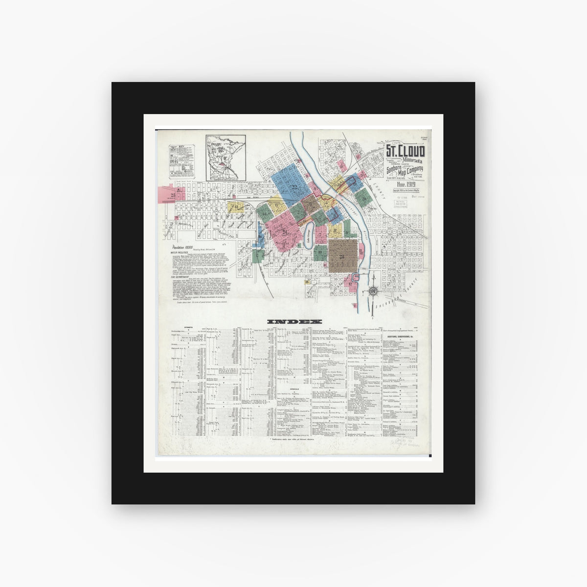 Old map wall art mockup — black gallery frame with white mat — Sanborn Fire Insurance Map from Saint Cloud, Stearns, Benton, and Sherburne Counties, Minnesota (1919), Sheet #0001