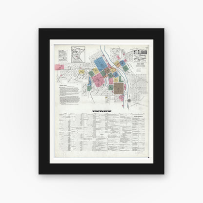 Old map wall art mockup — black gallery frame with white mat — Sanborn Fire Insurance Map from Saint Cloud, Stearns, Benton, and Sherburne Counties, Minnesota (1919), Sheet #0001