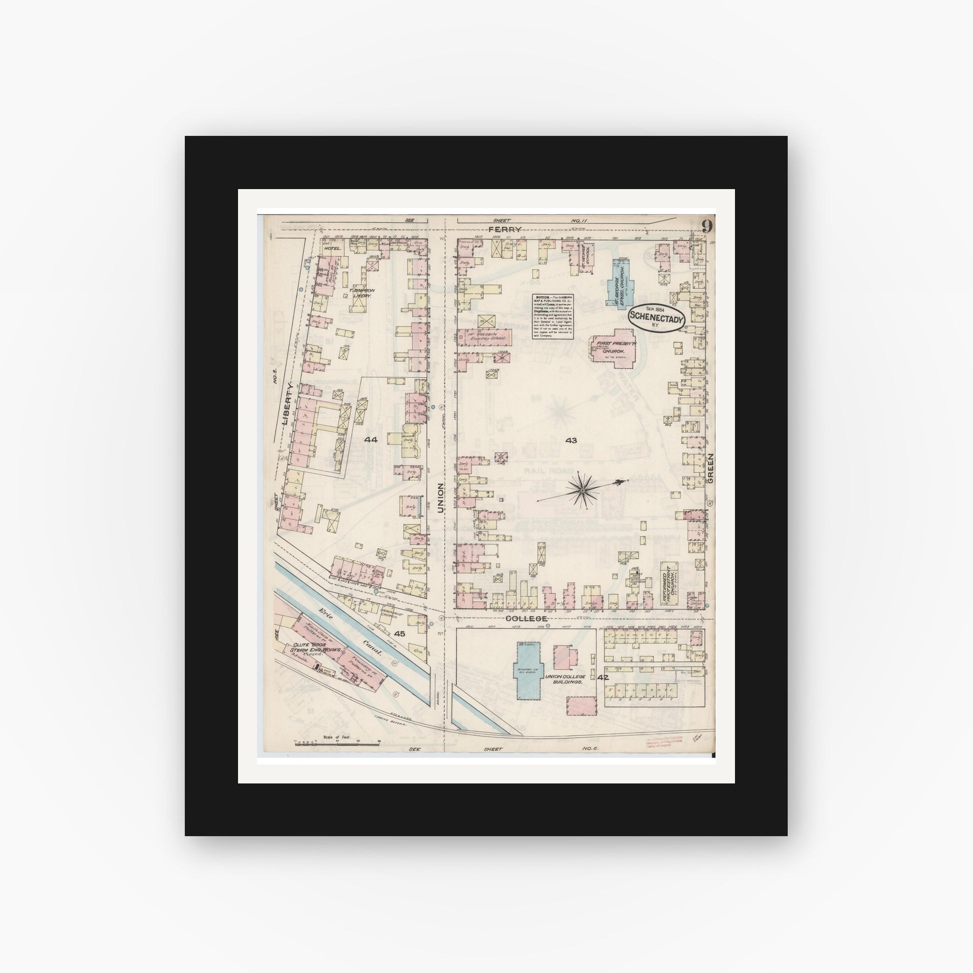 Old map wall art mockup — black gallery frame with white mat — Sanborn Fire Insurance Map from Schenectady, Schenectady County, New York (1884), Sheet #0009