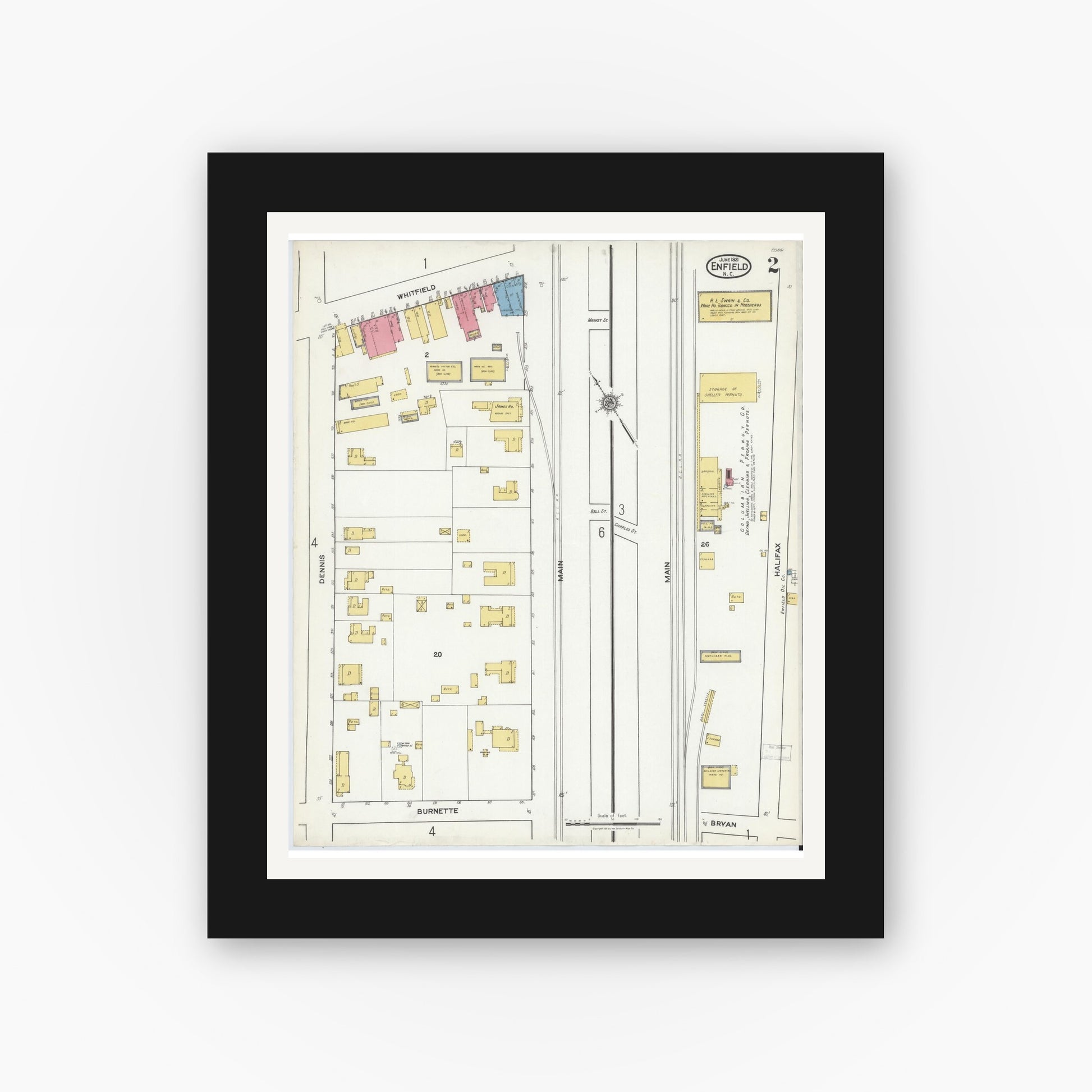 Old map wall art mockup — black gallery frame with white mat — Sanborn Fire Insurance Map from Enfield, Halifax County, North Carolina (1921), Sheet #0002