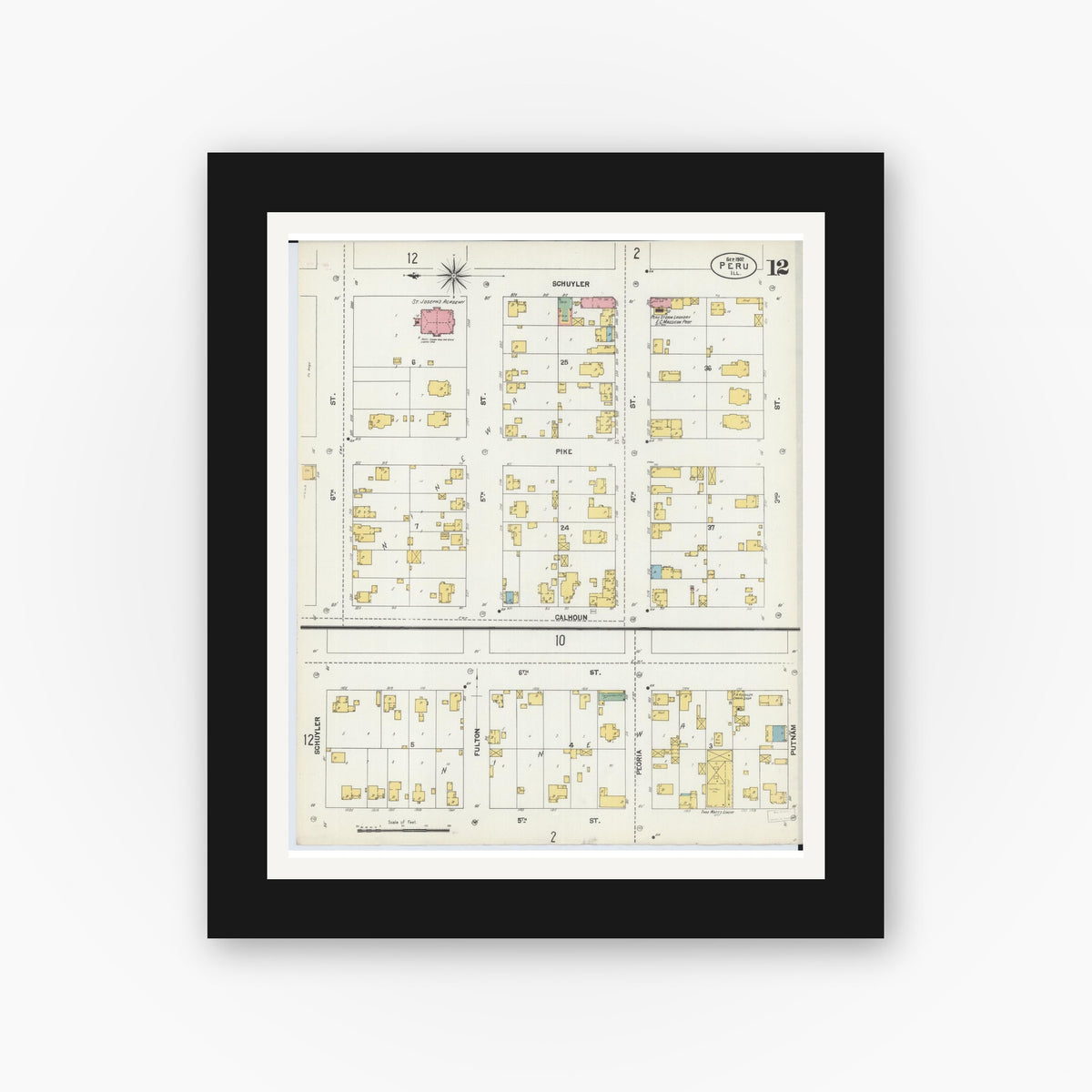 Old map wall art mockup — black gallery frame with white mat — Sanborn Fire Insurance Map from Peru, La Salle County, Illinois (1902), Sheet #0012