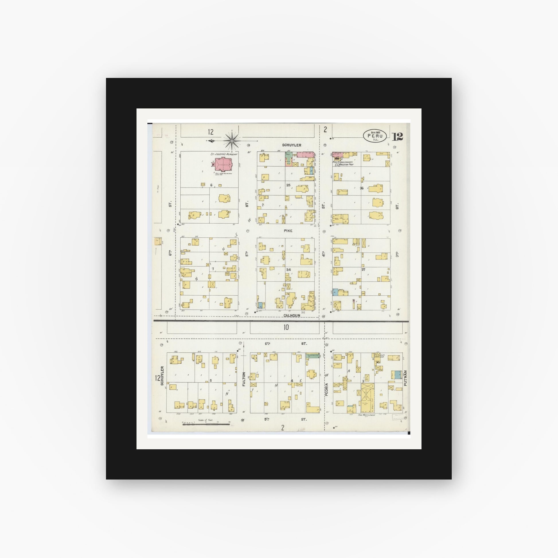 Old map wall art mockup — black gallery frame with white mat — Sanborn Fire Insurance Map from Peru, La Salle County, Illinois (1902), Sheet #0012