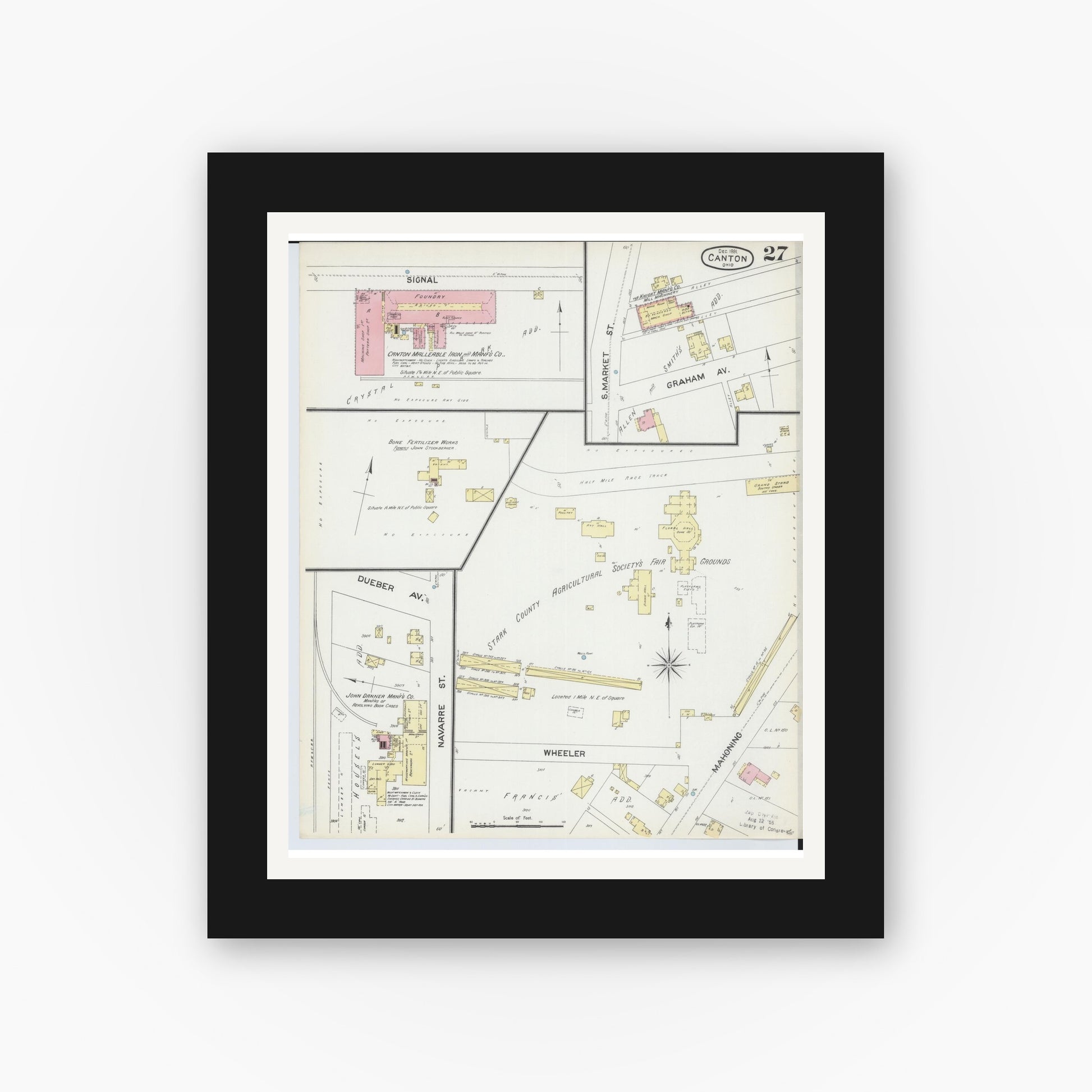 Old map wall art mockup — black gallery frame with white mat — Sanborn Fire Insurance Map from Canton, Stark County, Ohio (1891), Sheet #0027